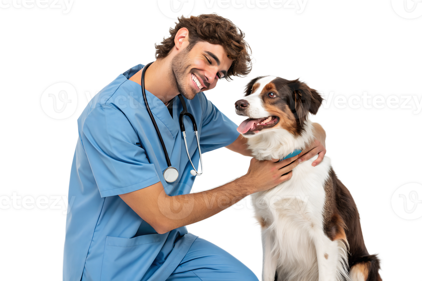 Vet smiles while caring for a friendly dog indoors png