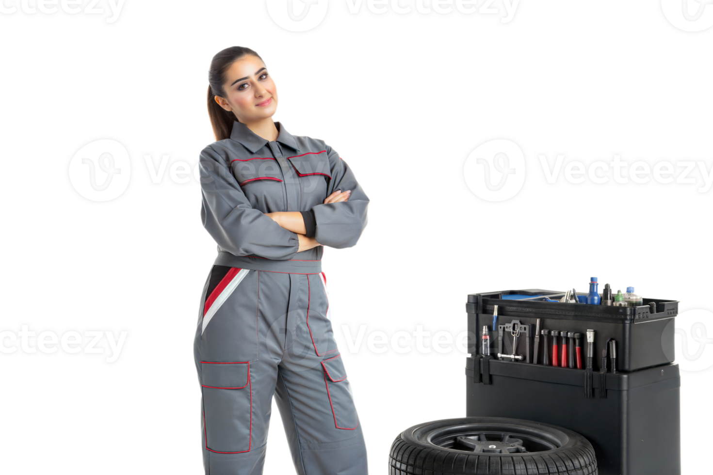 Skilled mechanic posing confidently in workshop png