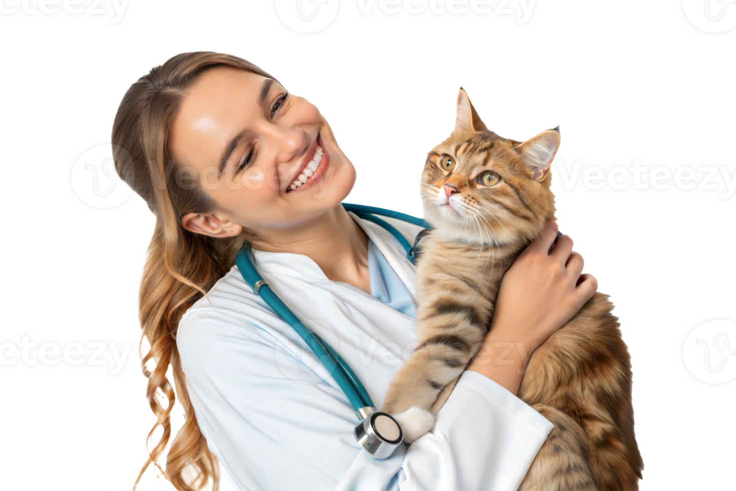 Caring veterinarian holds a smiling cat gently png