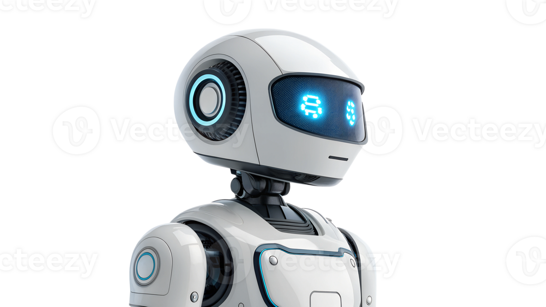 Robot with glowing display engages in conversation png