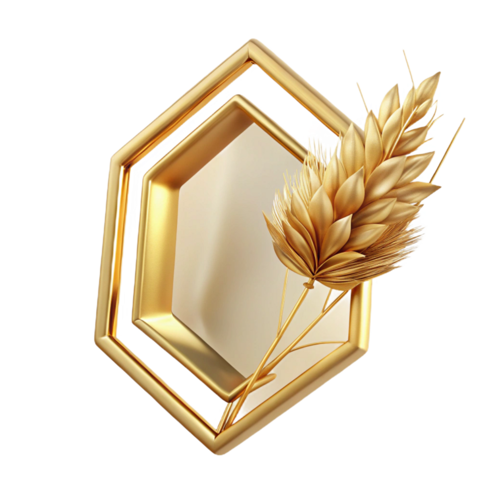 elegant artistic Golden Frame and Dried Flower Sprig Isolated high resolution png