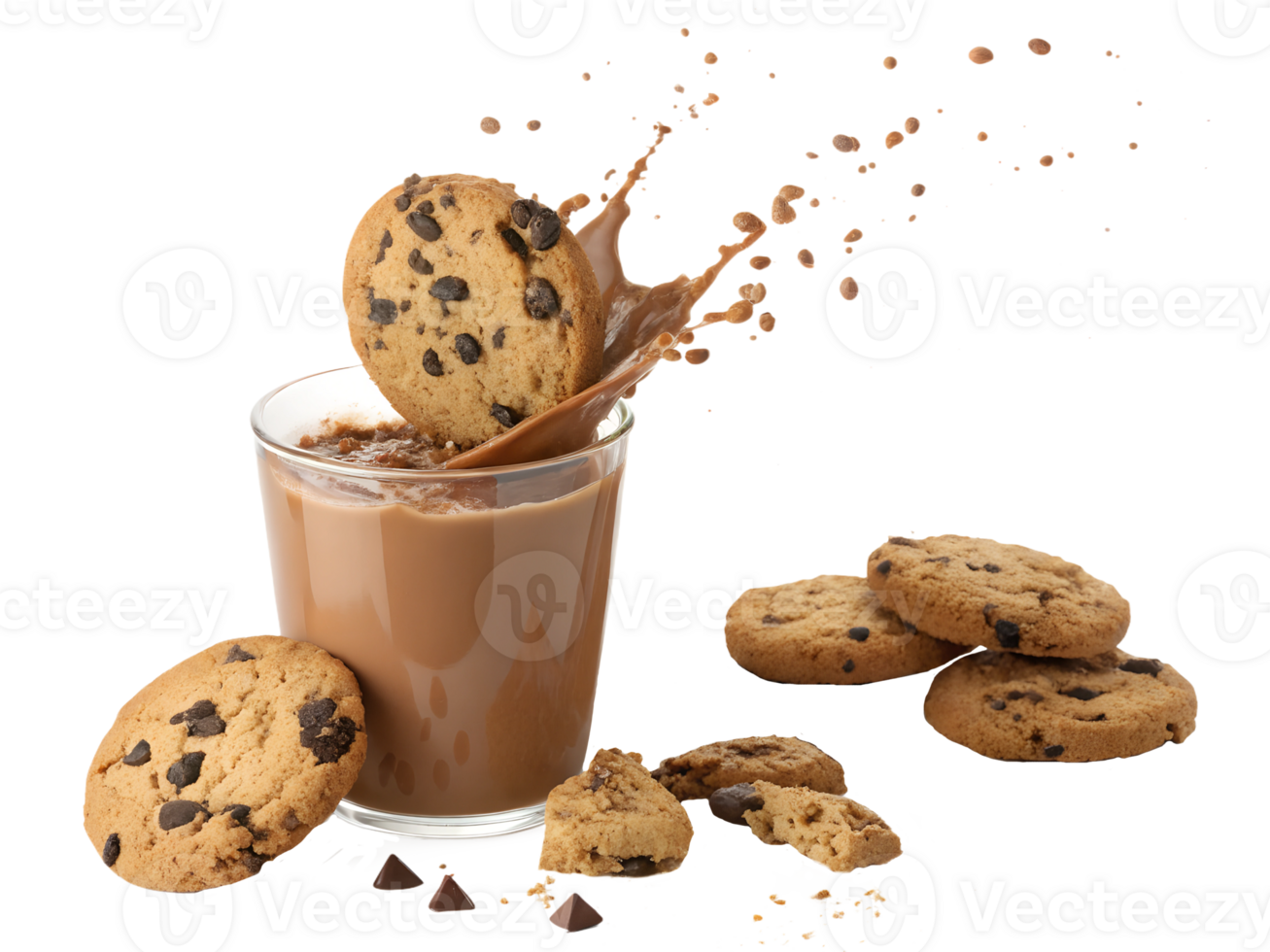 Chocolate milk splashing with cookies in action png