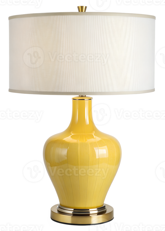 Stylish yellow lamp with white shade on display png