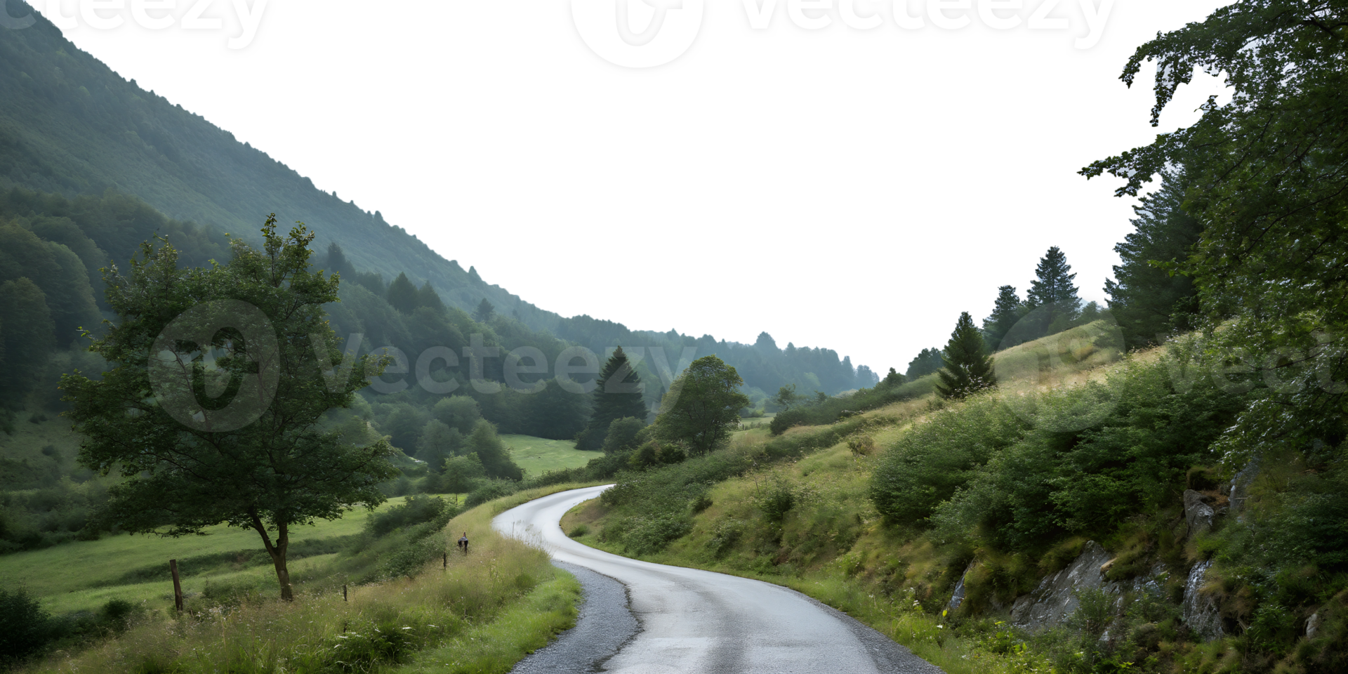 Scenic winding road through green hills and trees png