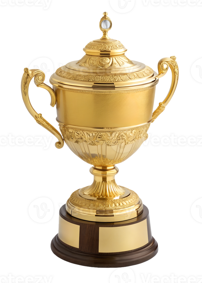 Golden trophy displayed on a wooden base png