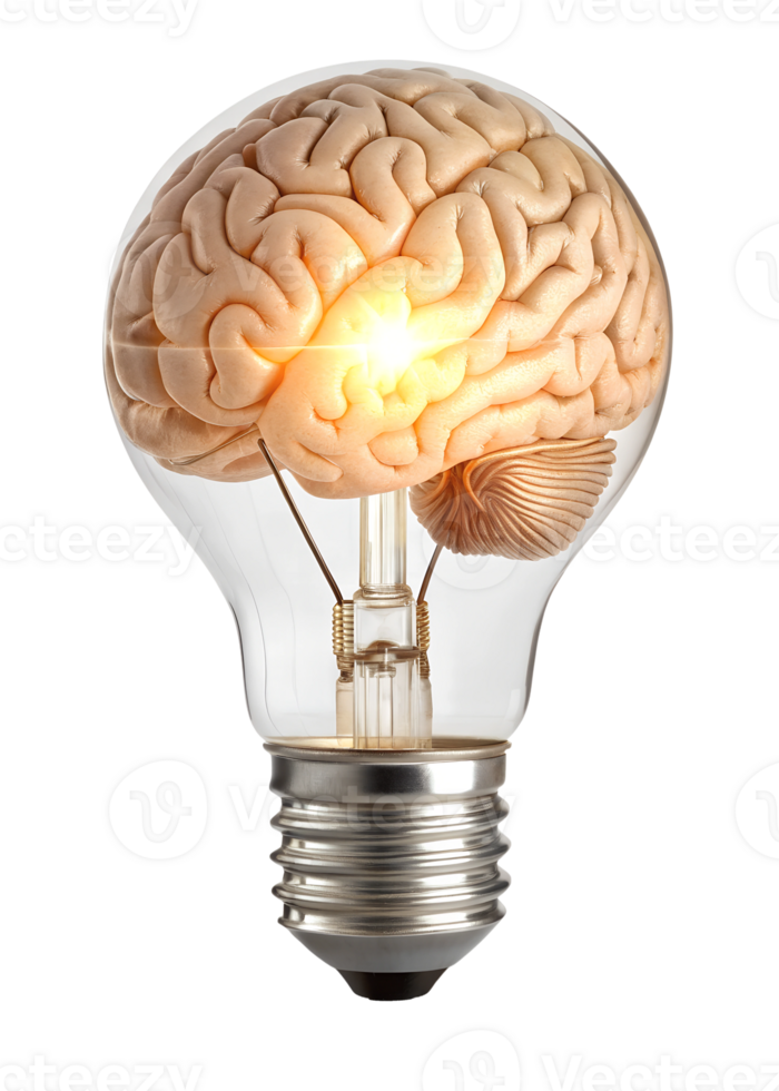 Bright idea with a brain shaped light bulb design png
