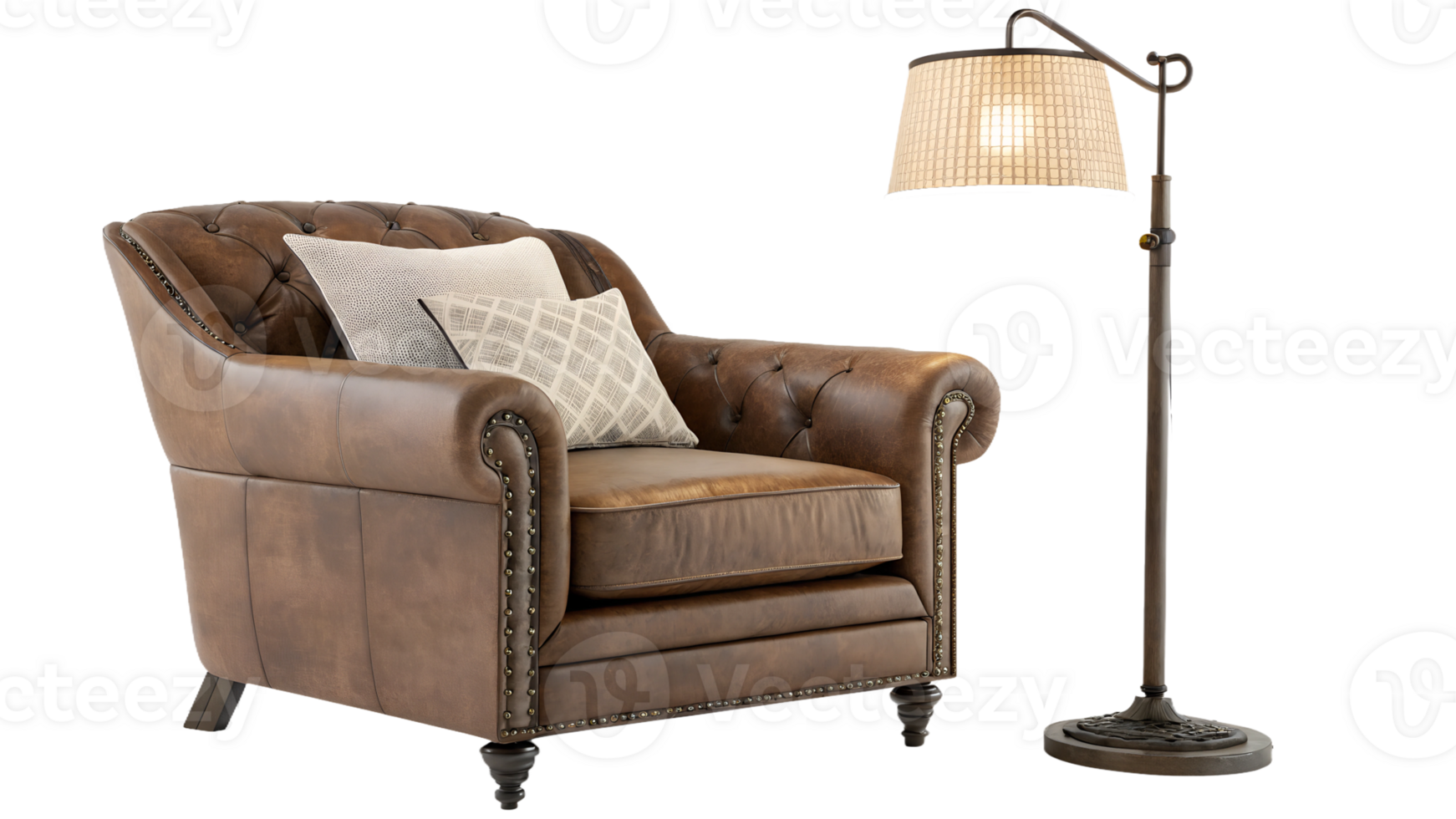 Cozy leather armchair with modern lamp in setting png