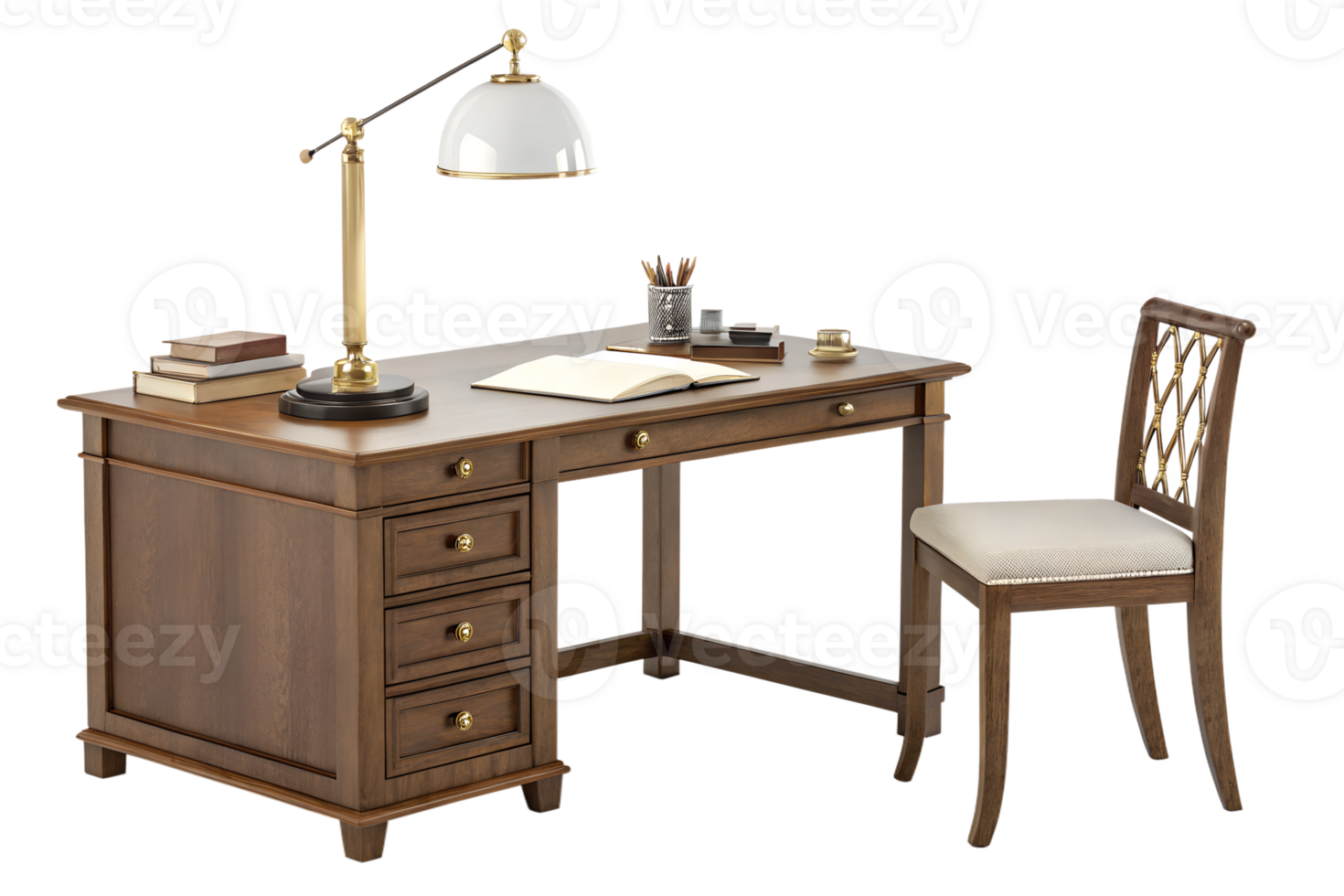 Elegant wooden desk and chair for a study area png