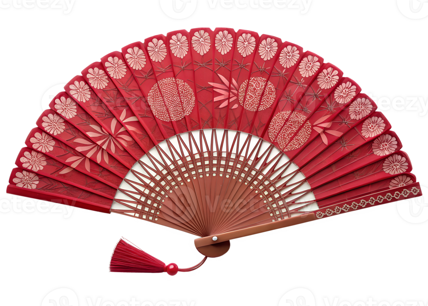 Red decorative fan with intricate design png