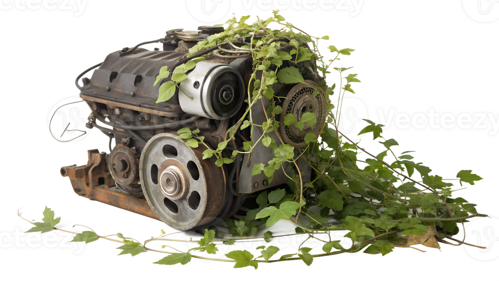 Engine covered in green vines in urban setting png