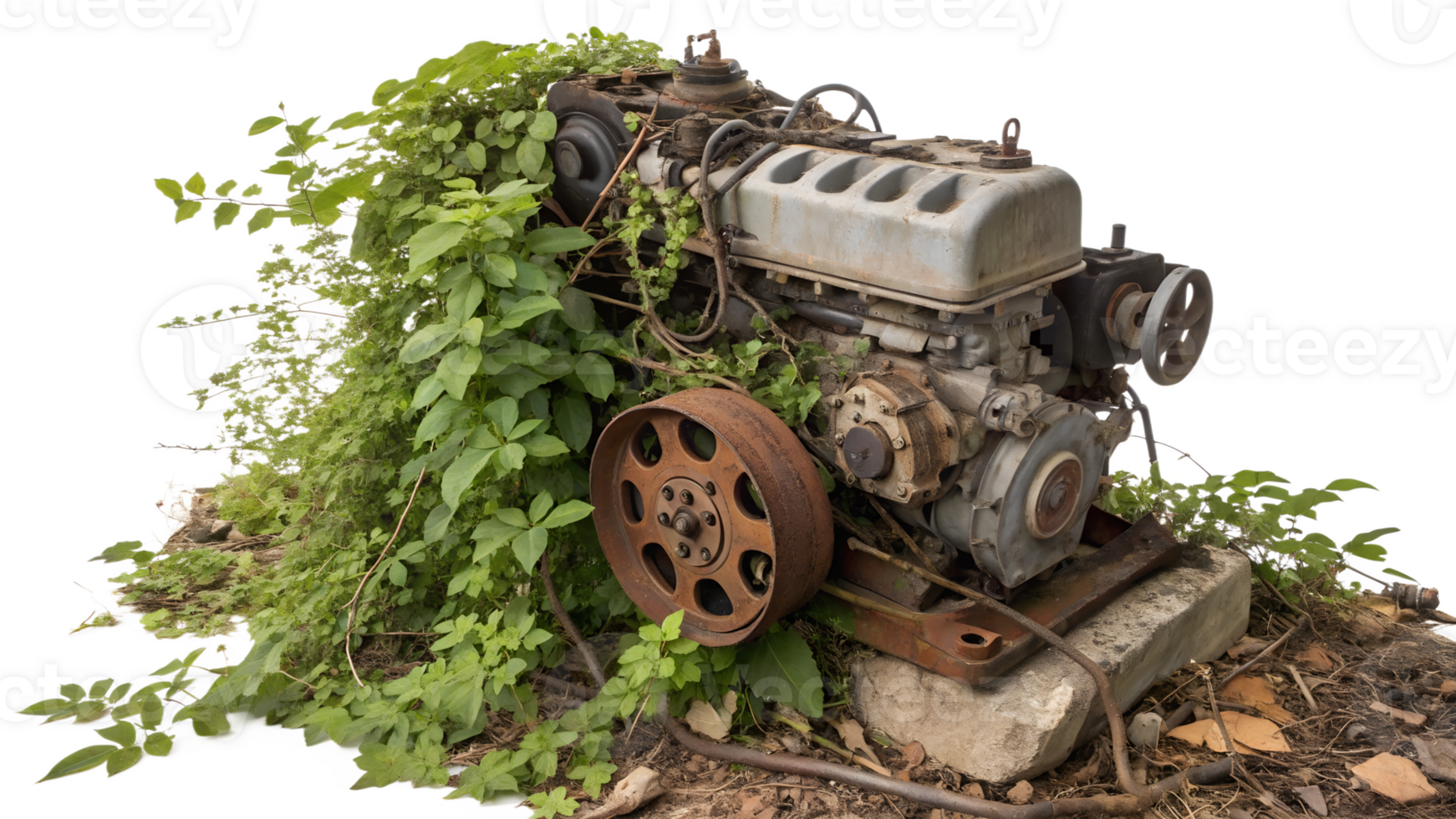 Old engine covered with green vines in nature png