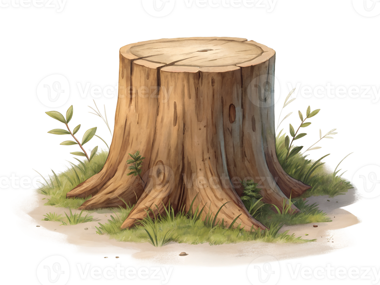 Tree stump surrounded by grass and small plants png