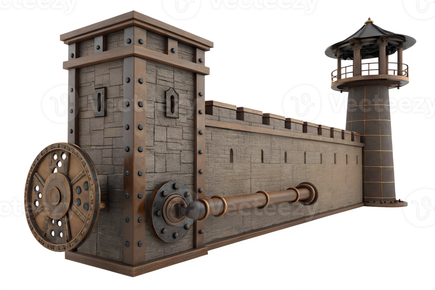 Historical fortress design with tower and gate png