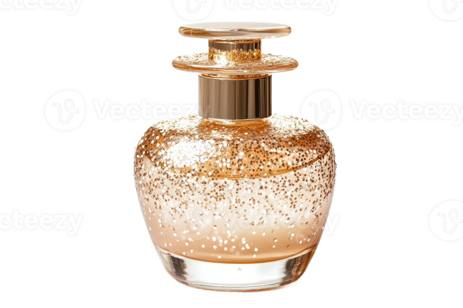 Elegant perfume bottle with golden glitter design png