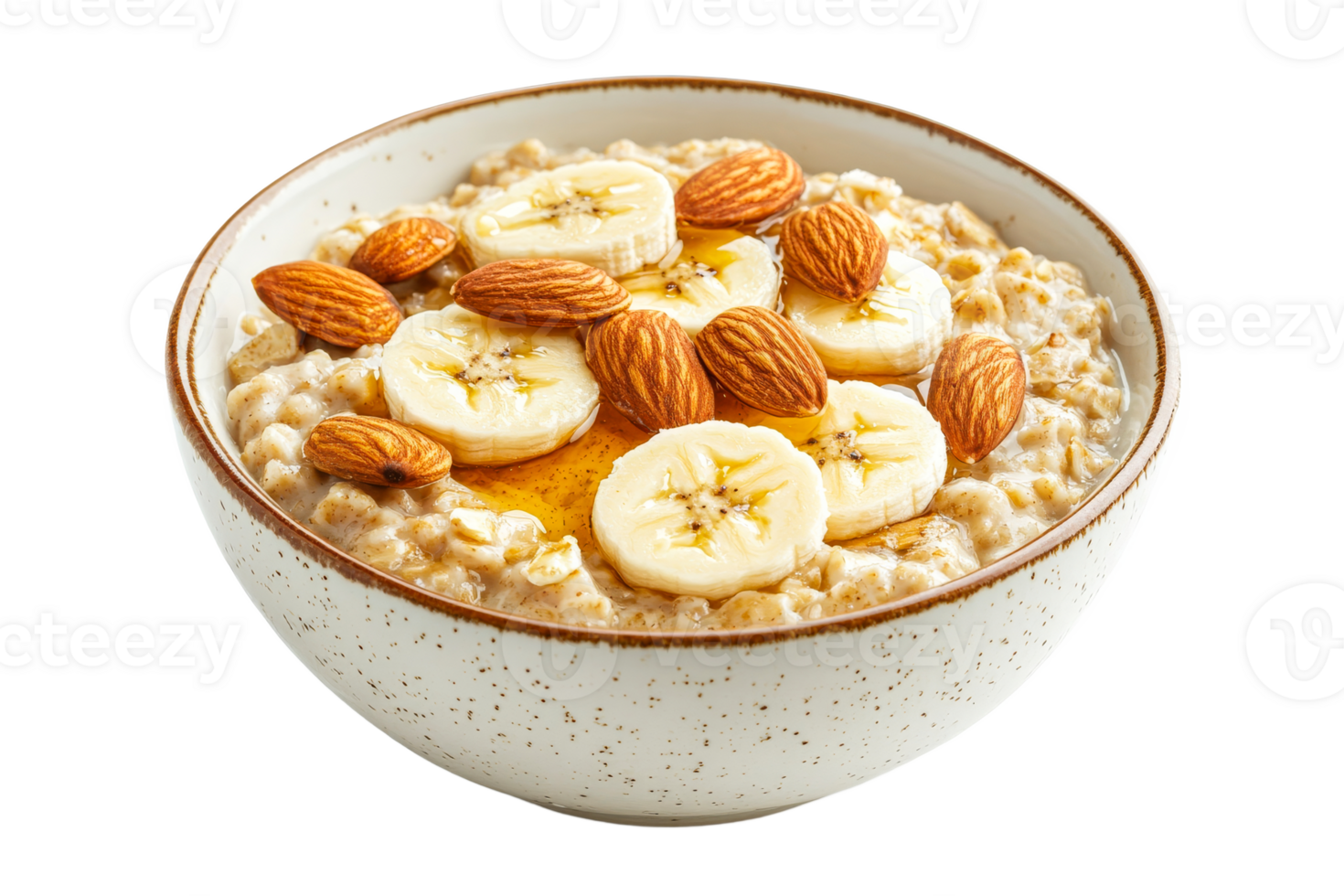 Healthy oatmeal bowl with banana and almonds png