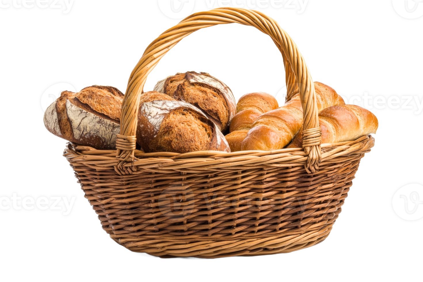 Freshly baked bread in a rustic basket display png