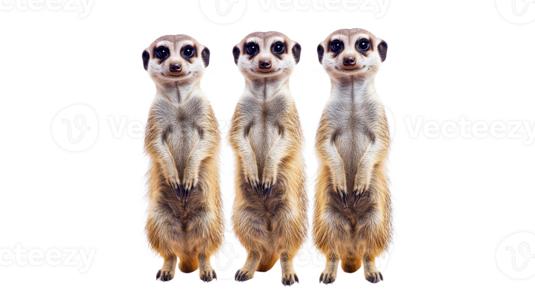 Three meerkats standing upright in a playful pose png