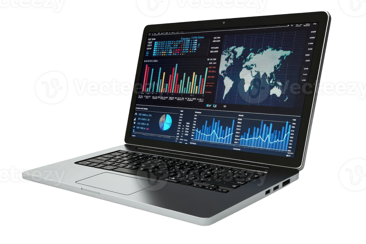 Modern laptop displaying data analysis tools png