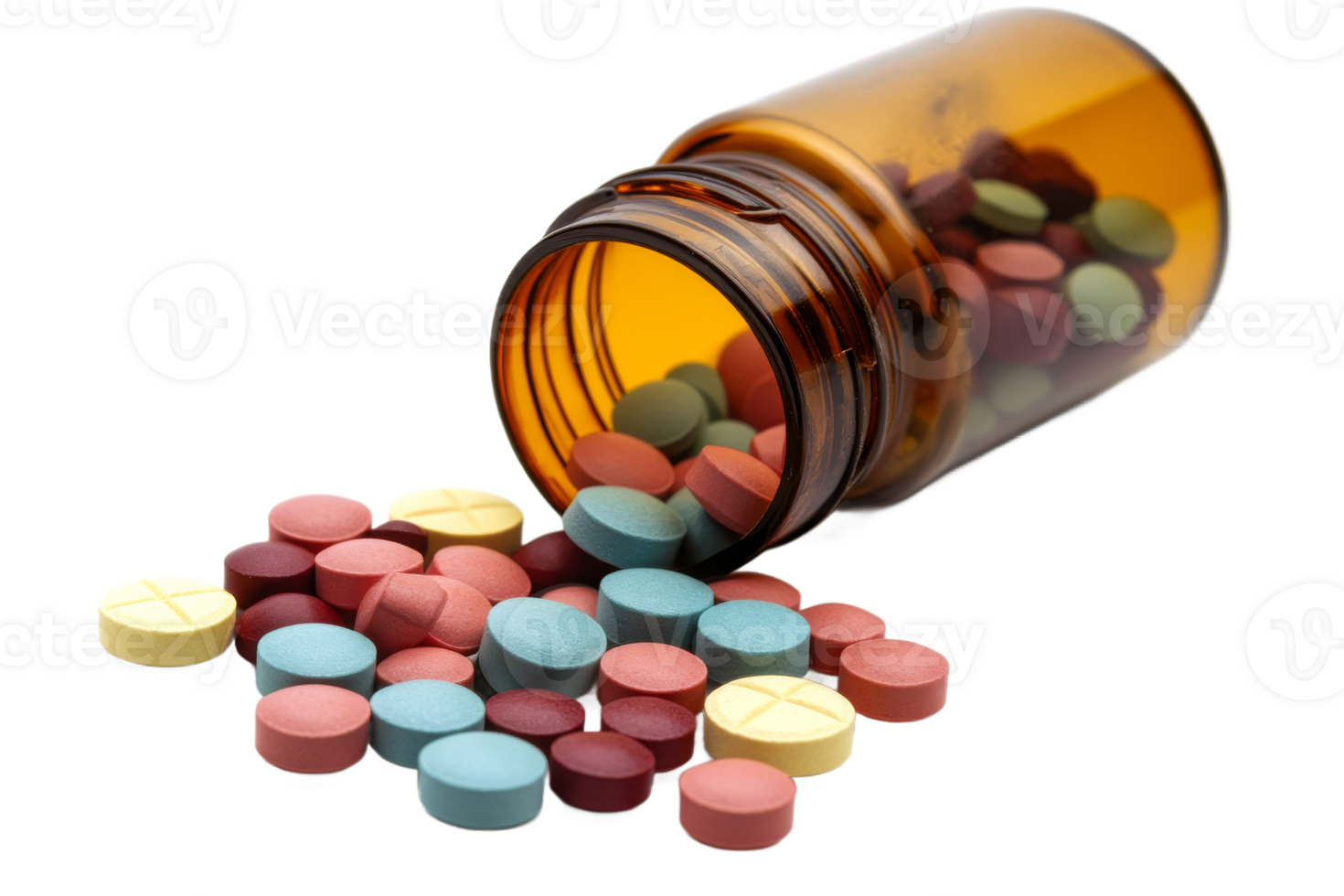 Pill bottle spills colorful tablets png