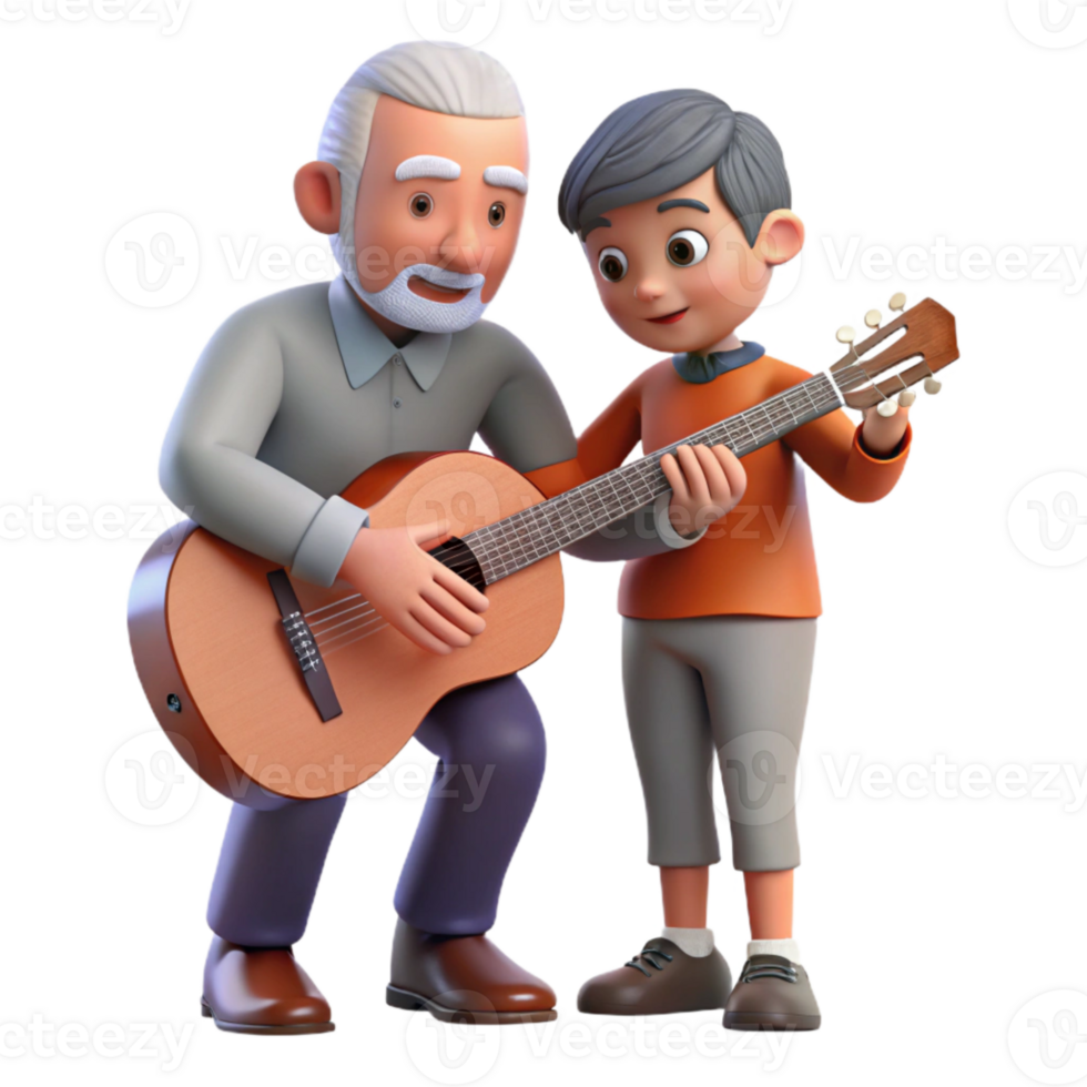 extraordinary creative Grandfather Teaching Grandson to Play Guitar Transparent Background authentic png