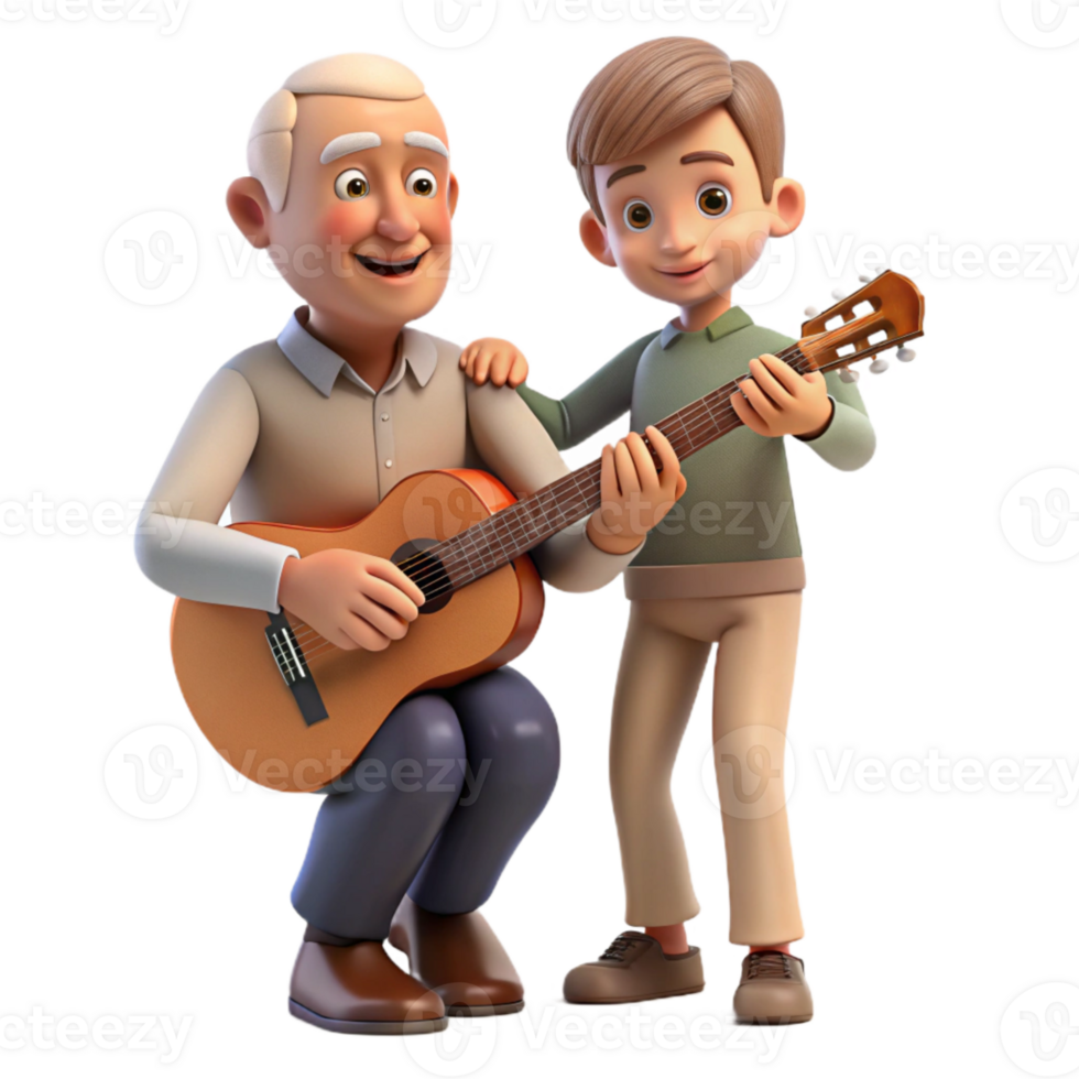 vibrant minimalist Grandfather Teaching Grandson to Play Guitar Transparent Background genuine png