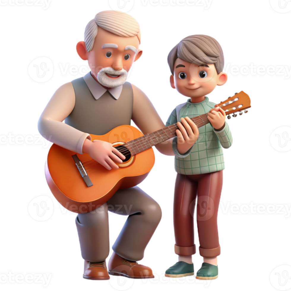 extraordinary artistic Grandfather Teaching Grandson to Play Guitar Transparent Background premium png