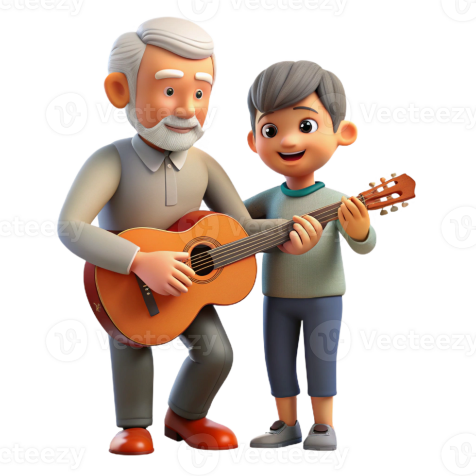 impressive contemporary Grandfather Teaching Grandson to Play Guitar Transparent Background detailed png