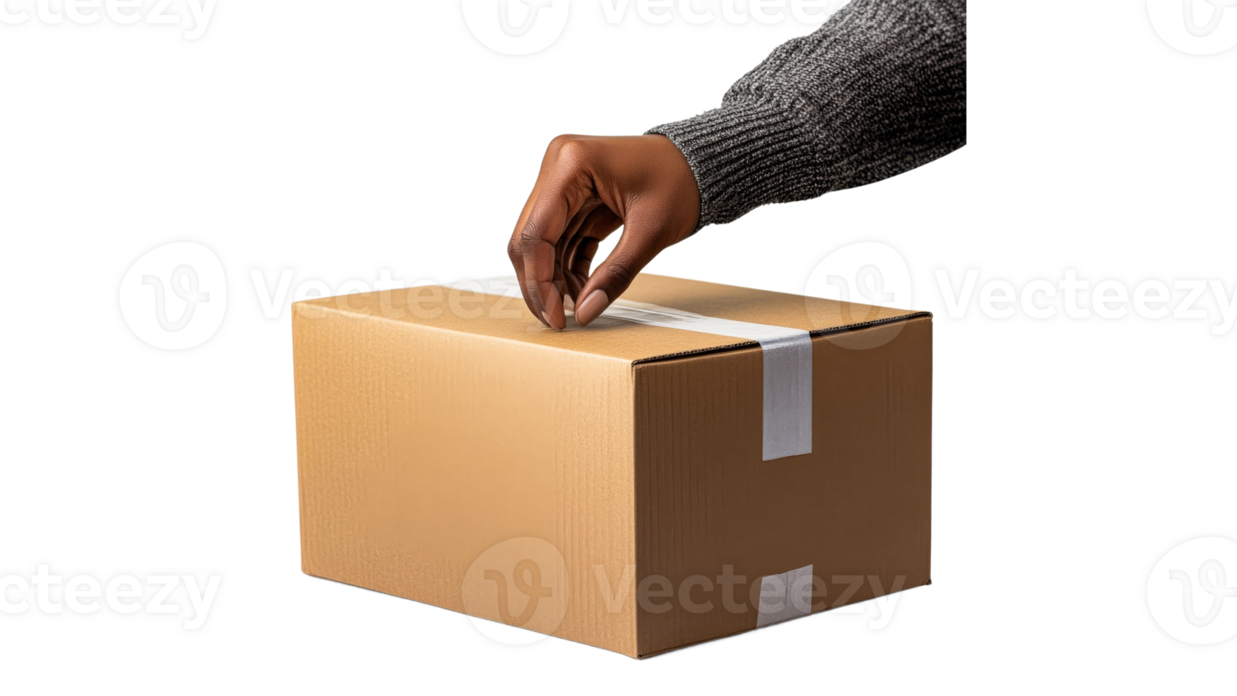 Hand opening a cardboard package at home png