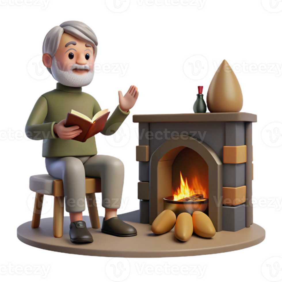 impressive rustic Grandfather Telling Stories by Fireplace Transparent Background exclusive png