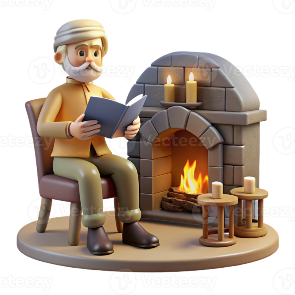 serene contemporary Grandfather Telling Stories by Fireplace Transparent Background genuine png