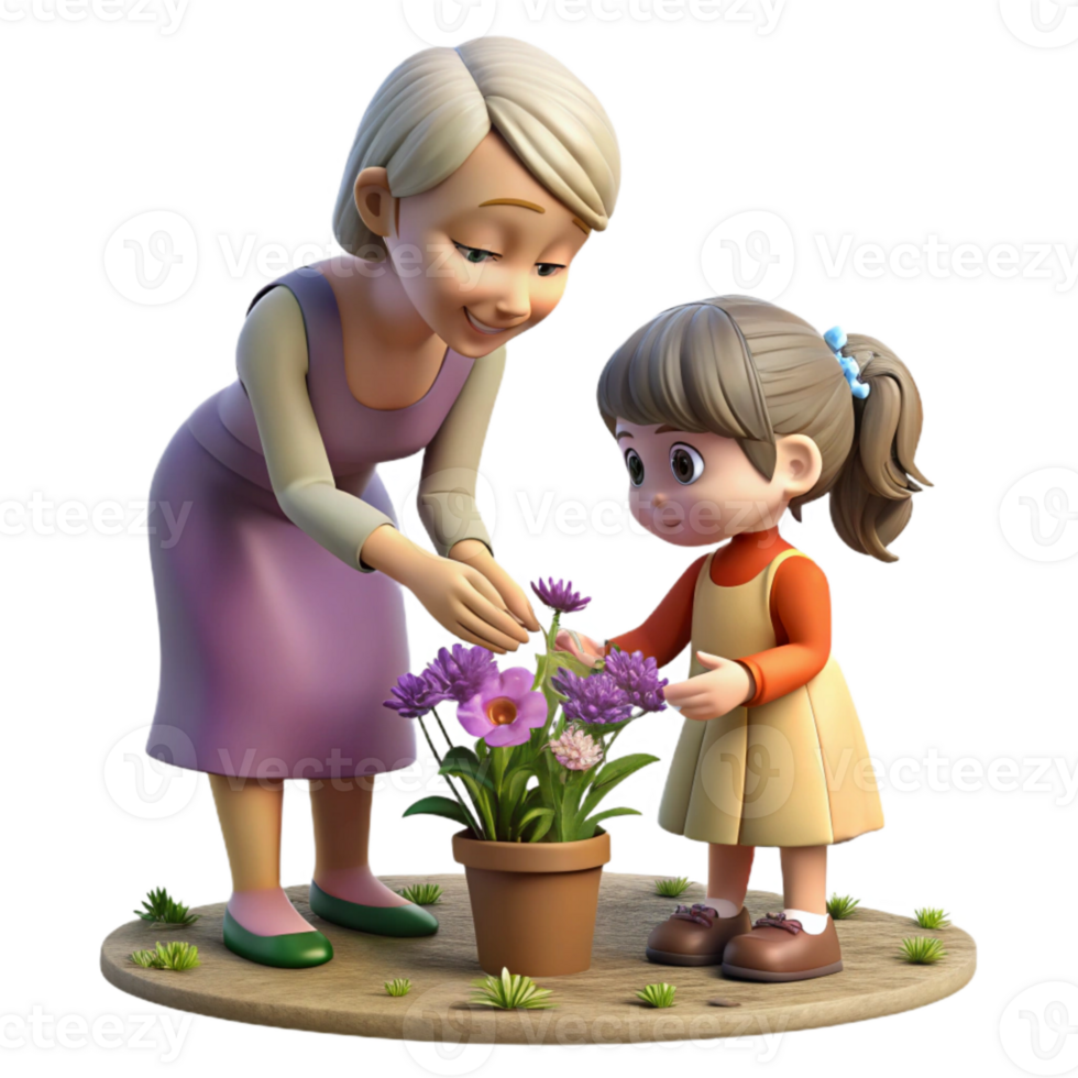 beautiful vintage Grandmother and Granddaughter Picking Flowers Isolated original png