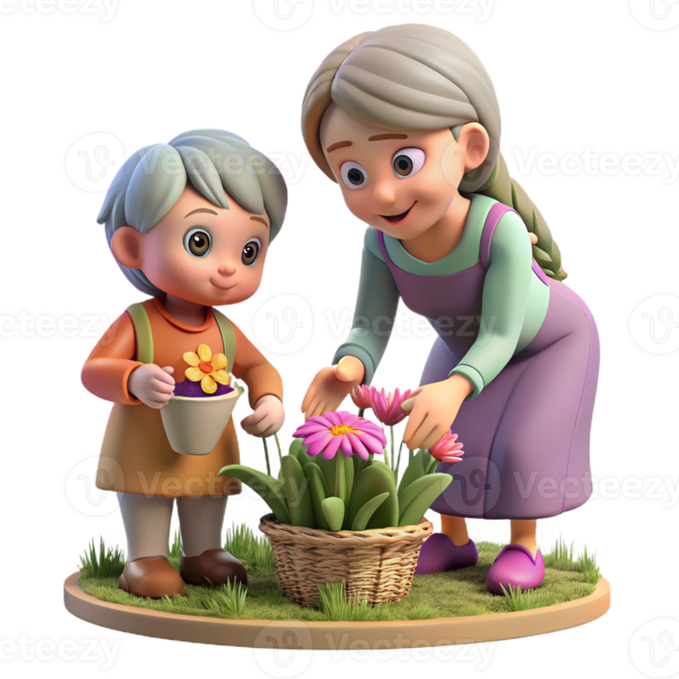 wonderful minimalist Grandmother and Granddaughter Picking Flowers Isolated premium png