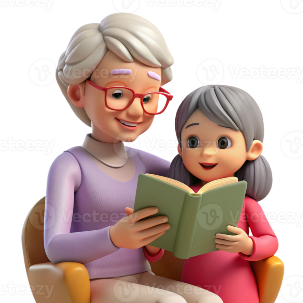 serene modern Grandmother and Granddaughter Reading Together Isolated exclusive png