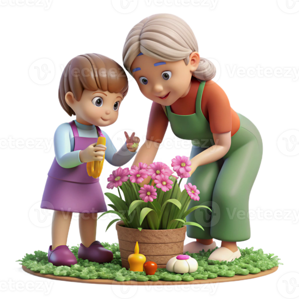 extraordinary minimalist Grandmother and Granddaughter Picking Flowers Isolated professional png