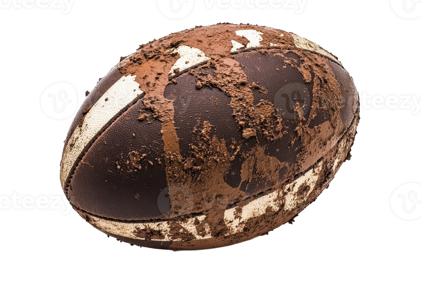 Mud covered rugby ball rests on the field png