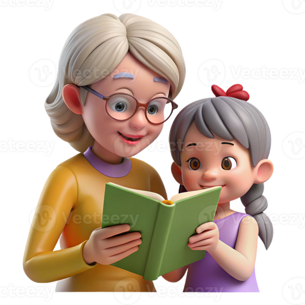 beautiful abstract Grandmother and Granddaughter Reading Together Isolated premium png