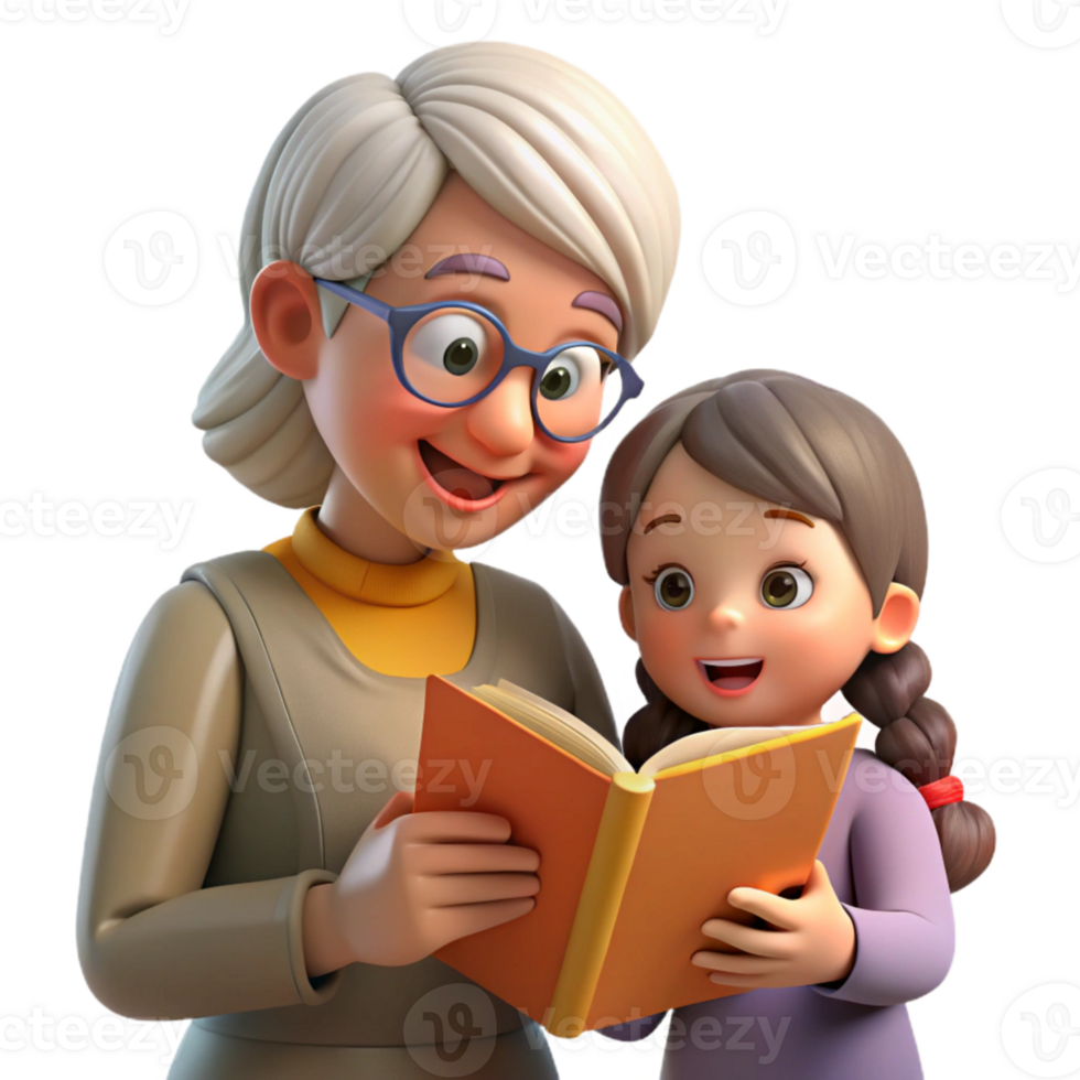 impressive vintage Grandmother and Granddaughter Reading Together Isolated genuine png