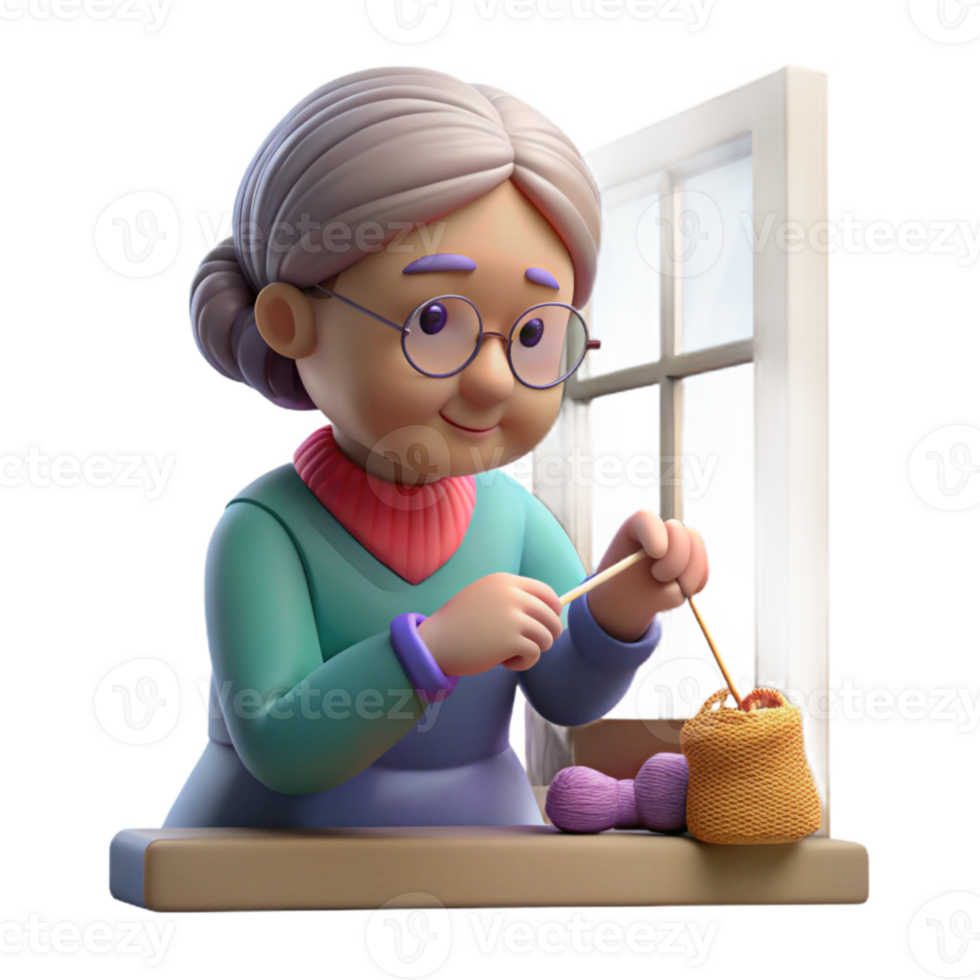 vibrant minimalist Grandmother Knitting by Window Isolated authentic png