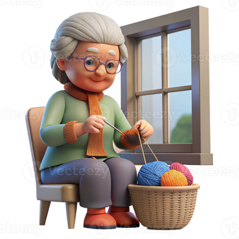 elegant artistic Grandmother Knitting by Window Isolated high quality png