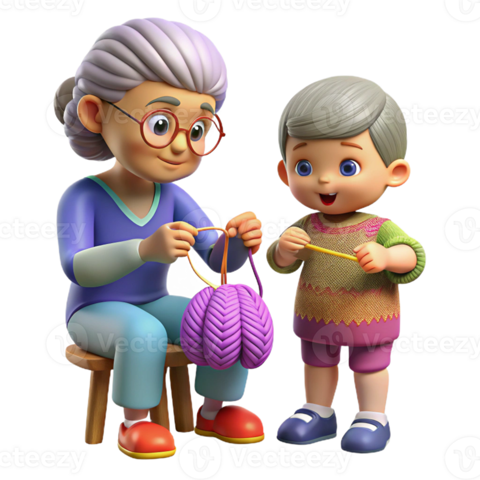 wonderful rustic Grandmother Teaching Child to Knit Transparent Background high quality png