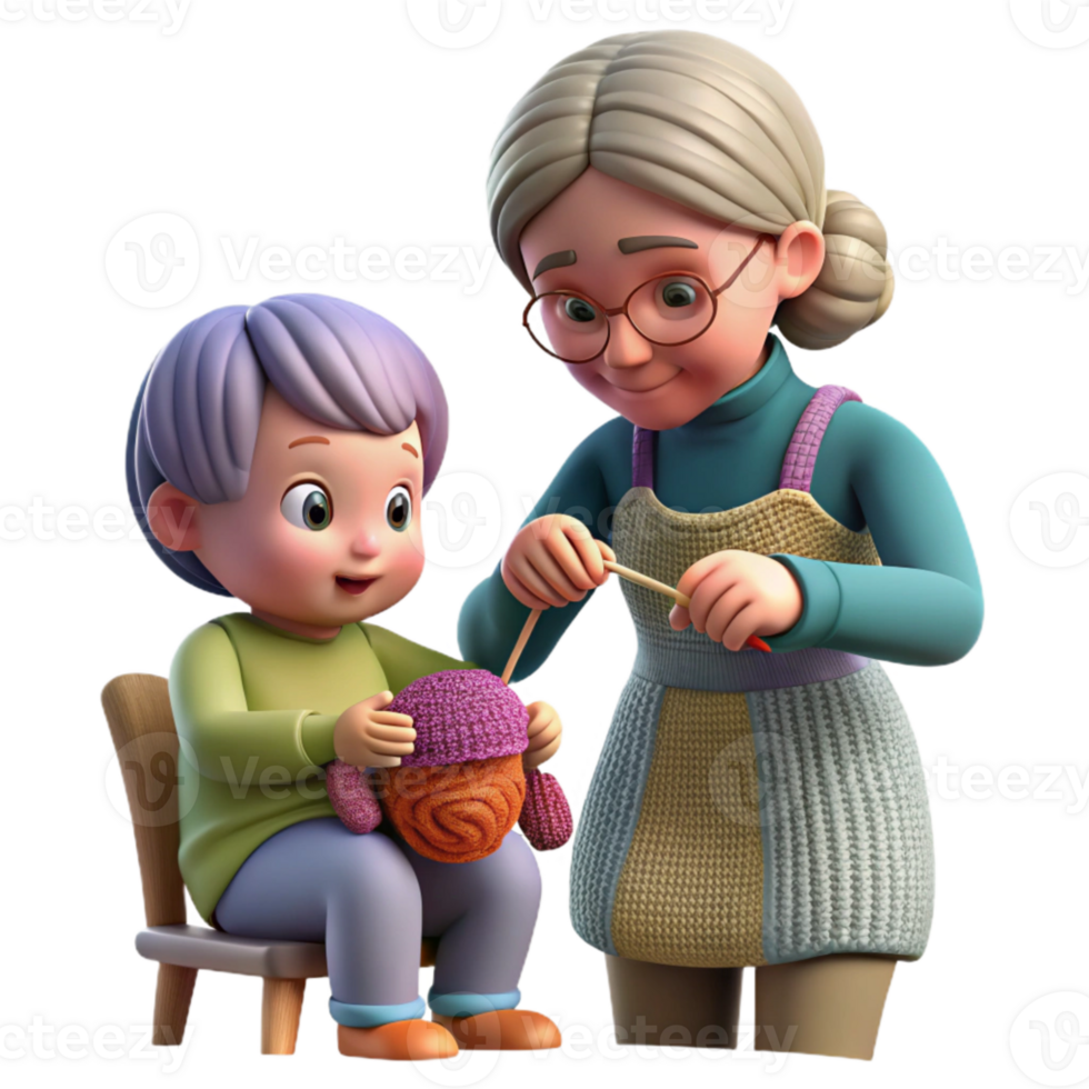 vibrant rustic Grandmother Teaching Child to Knit Transparent Background authentic png