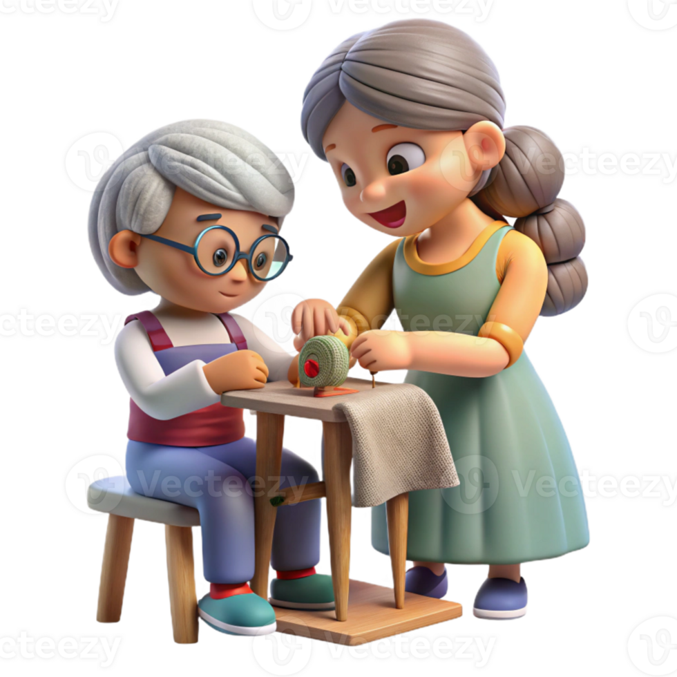 wonderful contemporary Grandmother Teaching Granddaughter to Sew Transparent Background png