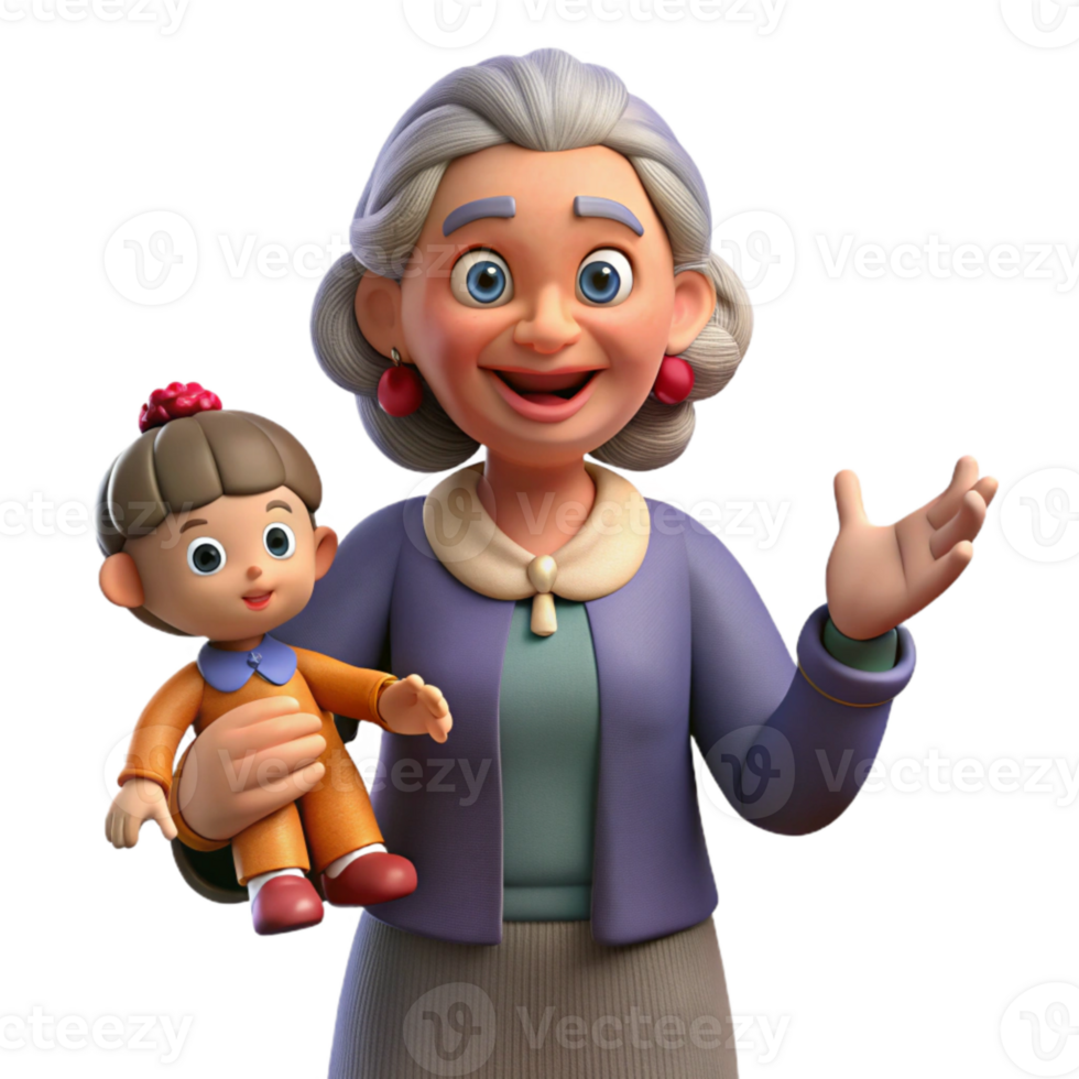 serene minimalist Grandmother Telling Stories with Puppets Transparent Background genuine png