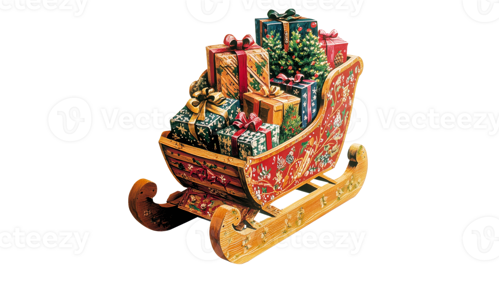 Festive wooden sleigh with holiday gifts png