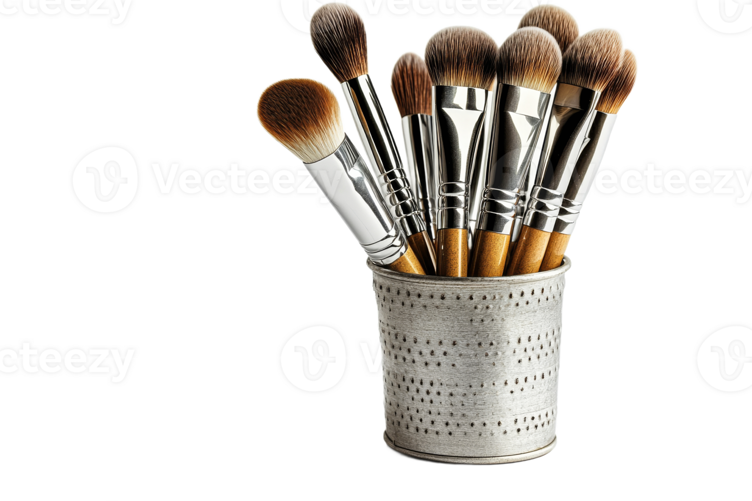 Various makeup brushes in a metallic container png