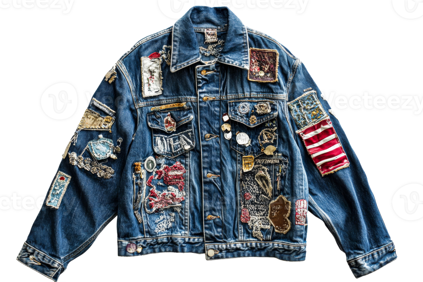 Colorful patched denim jacket png