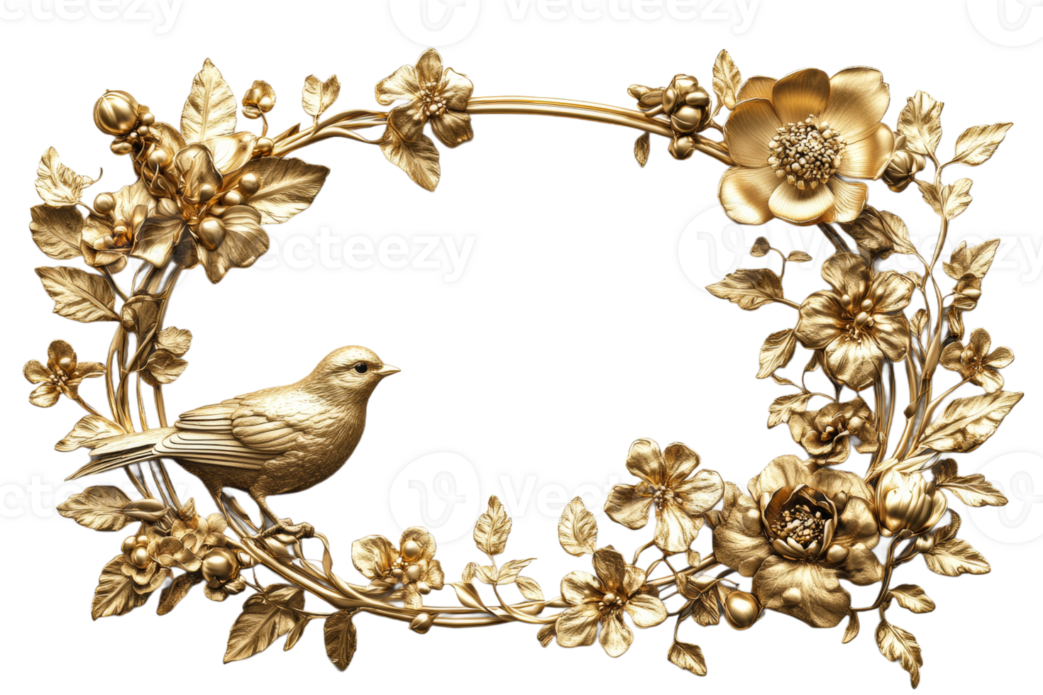 Golden floral frame featuring a bird and flowers png