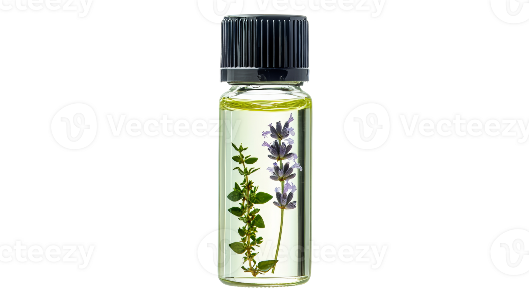 Aromatic essential oil bottle with herbs inside png