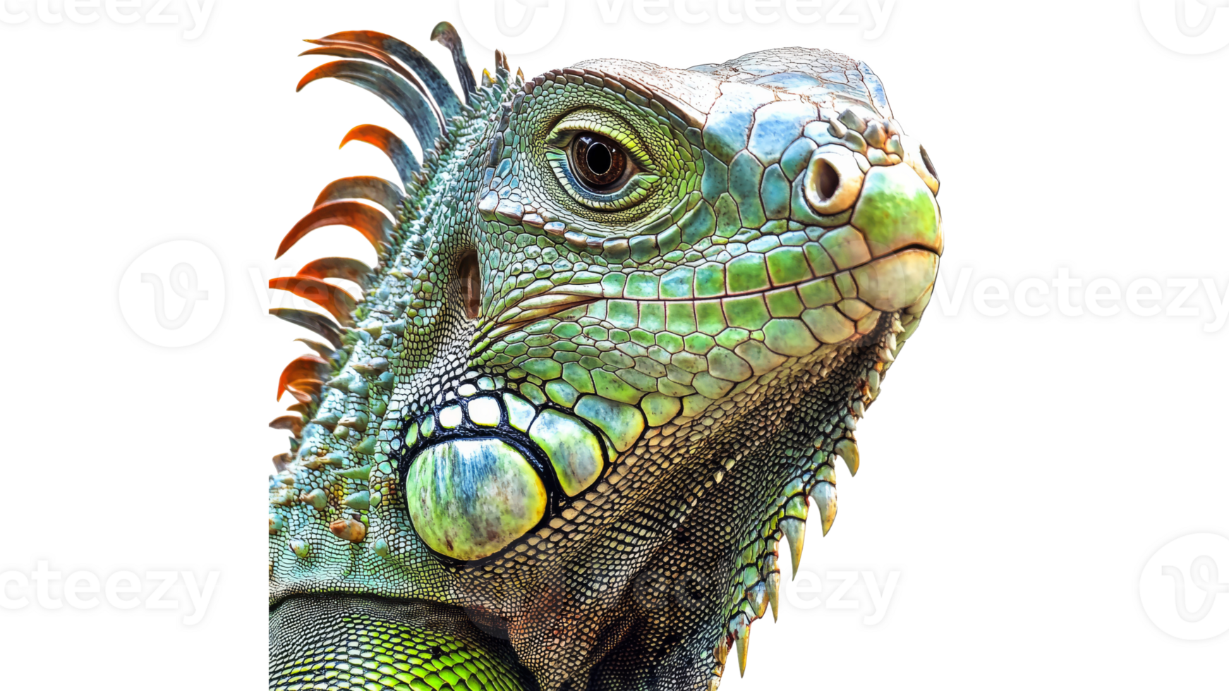 Close up view of a vibrant iguana on display png