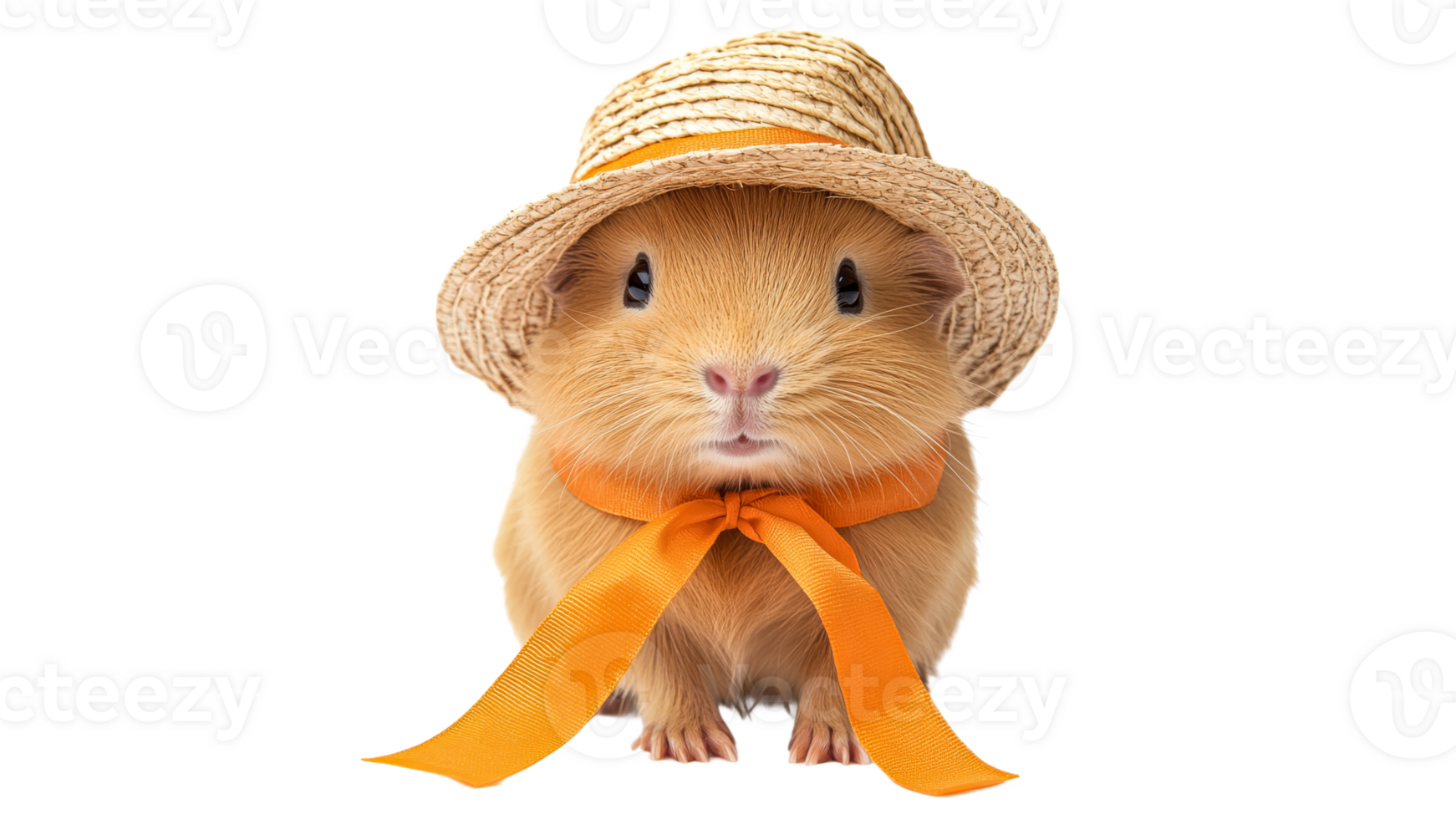 Adorable guinea pig wearing a straw hat and bow png